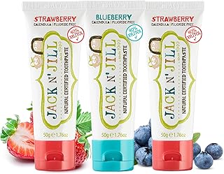 Jack N' Jill Natural Certified Toothpaste - Safe if Swallowed, Contains 40% Xylitol, Fluoride Free, Organic Fruit Flavor, Make Tooth Brushing Fun for Kids - Strawberry & Blueberry, 1.76 oz (Pack of 3)
