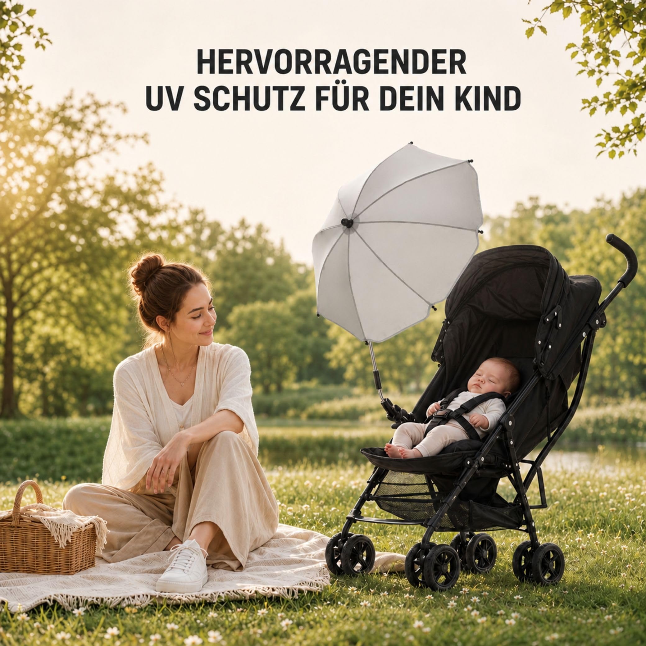 Fillikid Sonnenschirm Kinderwagen Exclusiv | UV-Schutz 50+ | Sonnenschutz Kinderwagen | Universalhalterung für Rund- und Ovalrohre, einstellbar | Leicht zu Reinigen | Kinderwagen Sonnenschirm