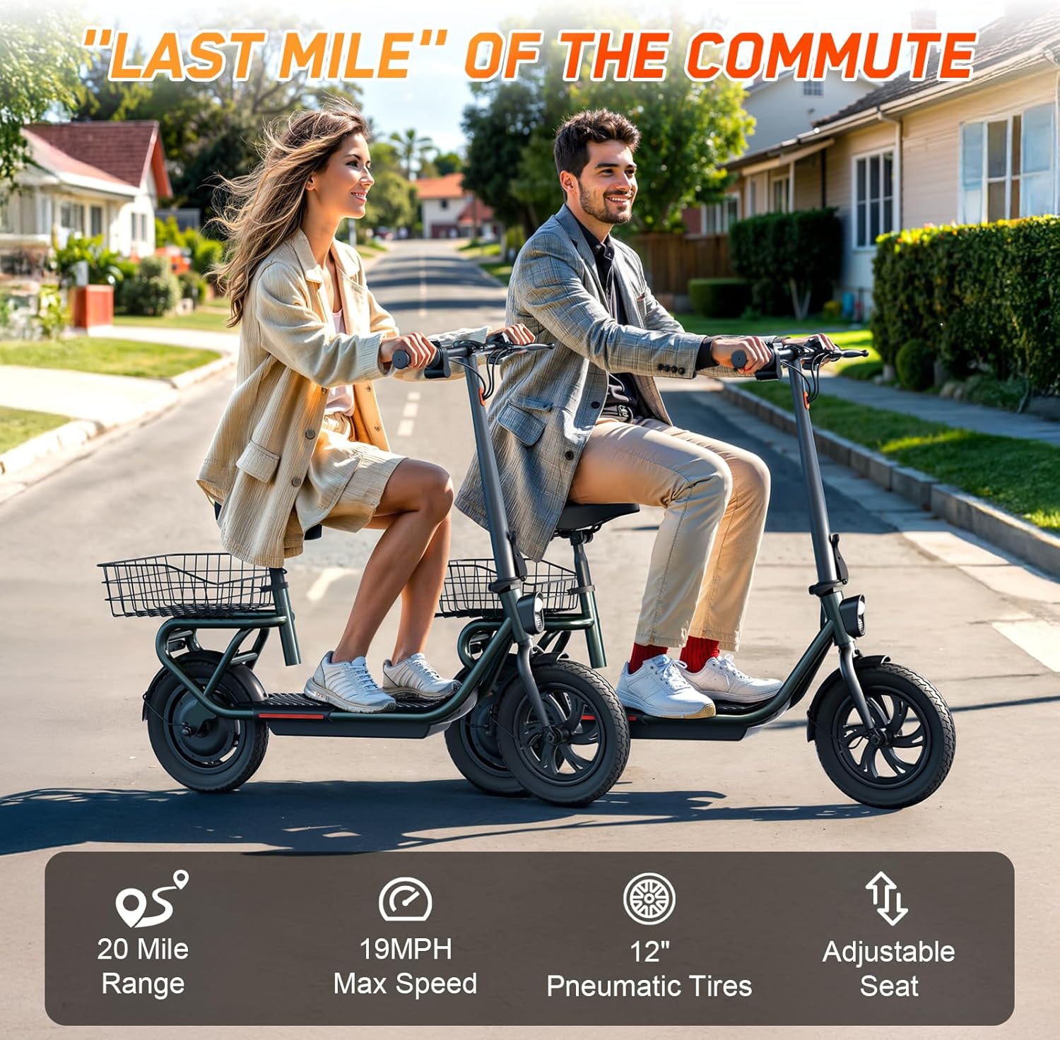 Two individuals riding TST Electric Scooters with seats, illustrating the scooter's range, speed, tire type, and adjustable seat feature.