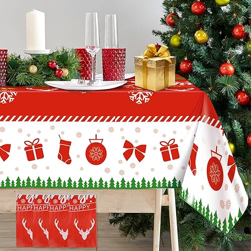Paquete de 4 manteles de Navidad, manteles de Navidad desechables de plástico rectangulares de 54 x 108 pulgadas, decoración de árbol de Navidad,