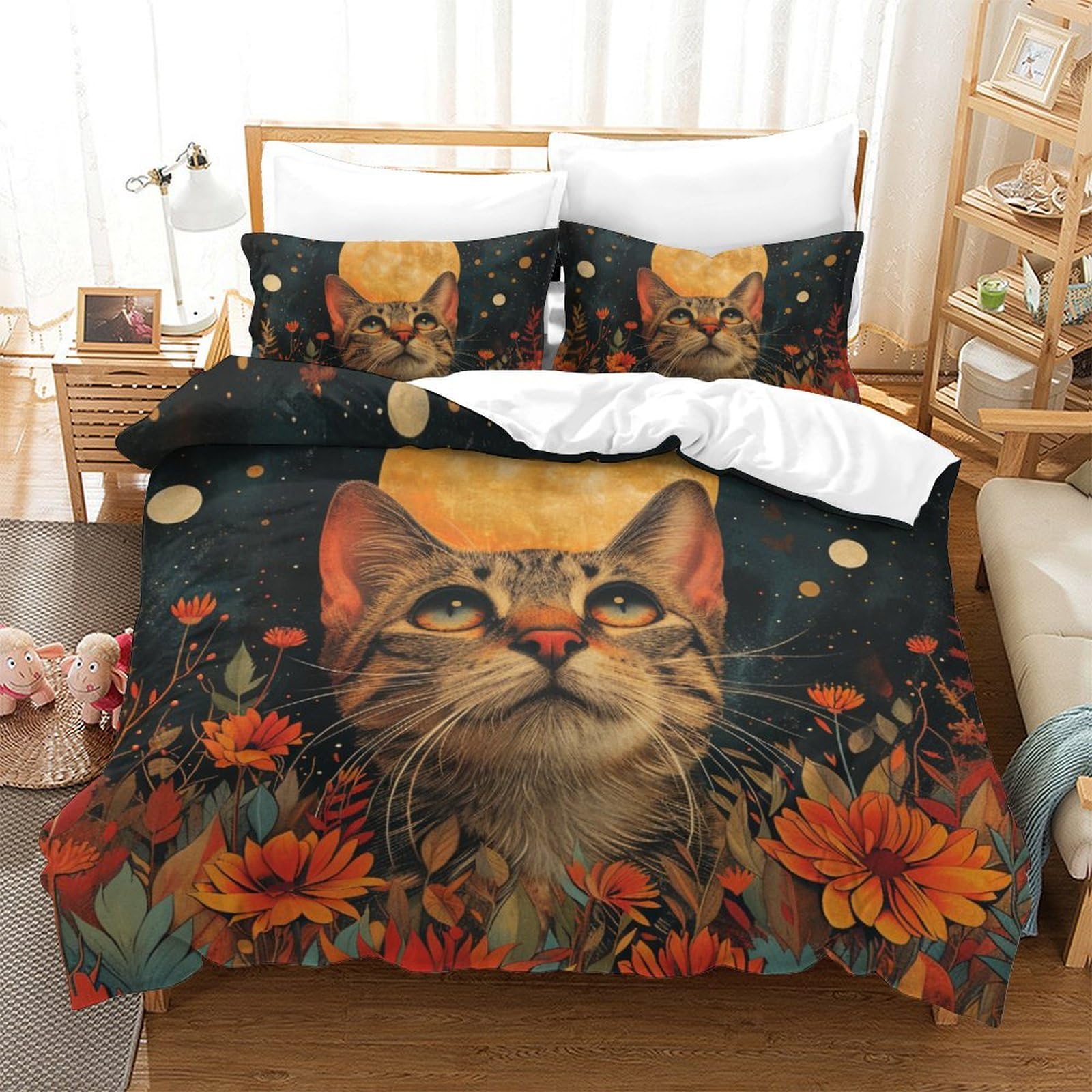 Parure de lit chat 3D 200x200 cm en microfibre avec 2 taies d'oreiller