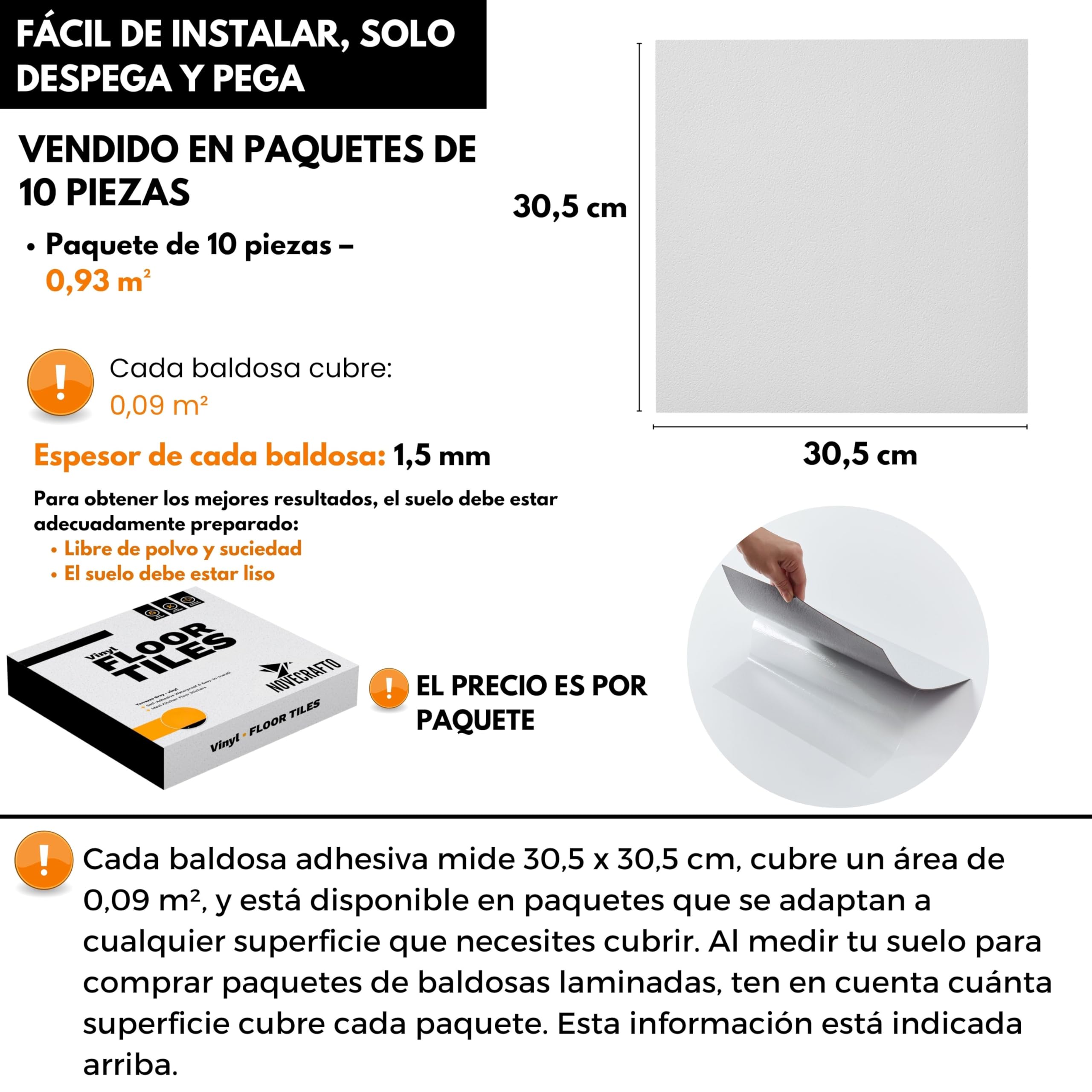 Suelo Vinilo Autoadhesivo Impermeable – Paquete de 10 Losetas Cuadradas, Cubre 0,93 m² – Cada Losa Adhesiva 30,5 x 30,5 cm – Suelo Vinílico Autoadhesivo Blanco Para Cocina, Baño y Salón