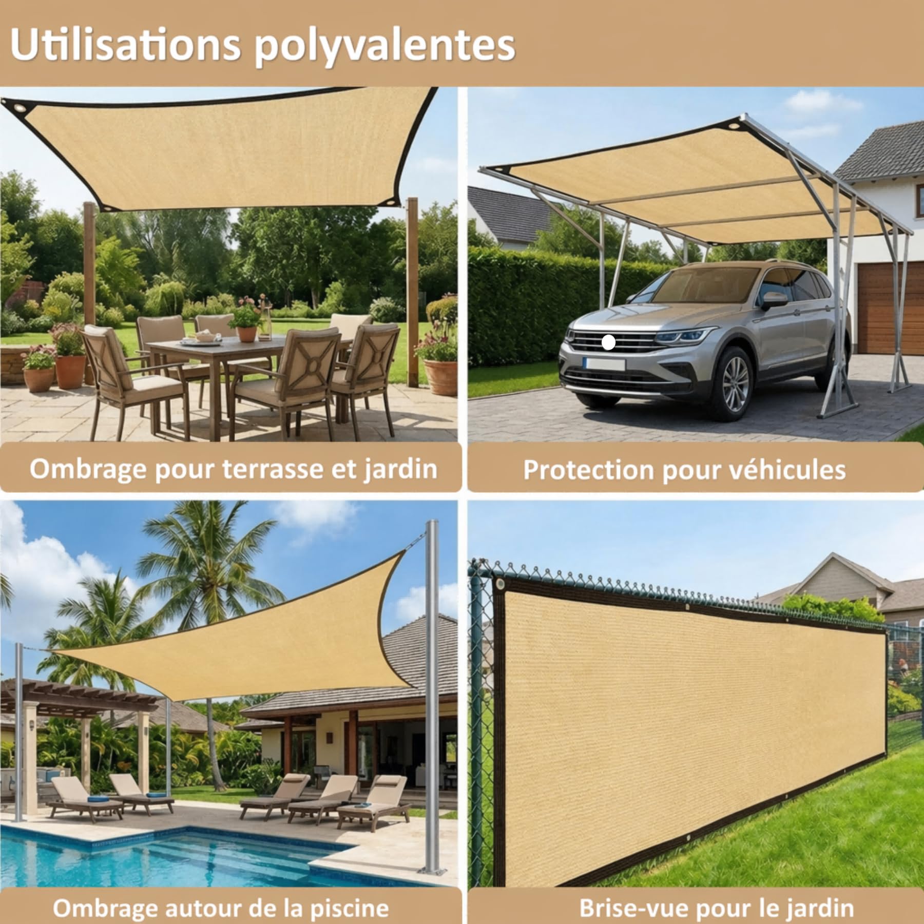 Filet Ombrage 3x4m Beige - Toile Haute Densité, Taux Ombrage 95% - Voile Rectangulaire avec Mousquetons & Corde 20m pour Serre, Jardin, Terrasse, Plantes