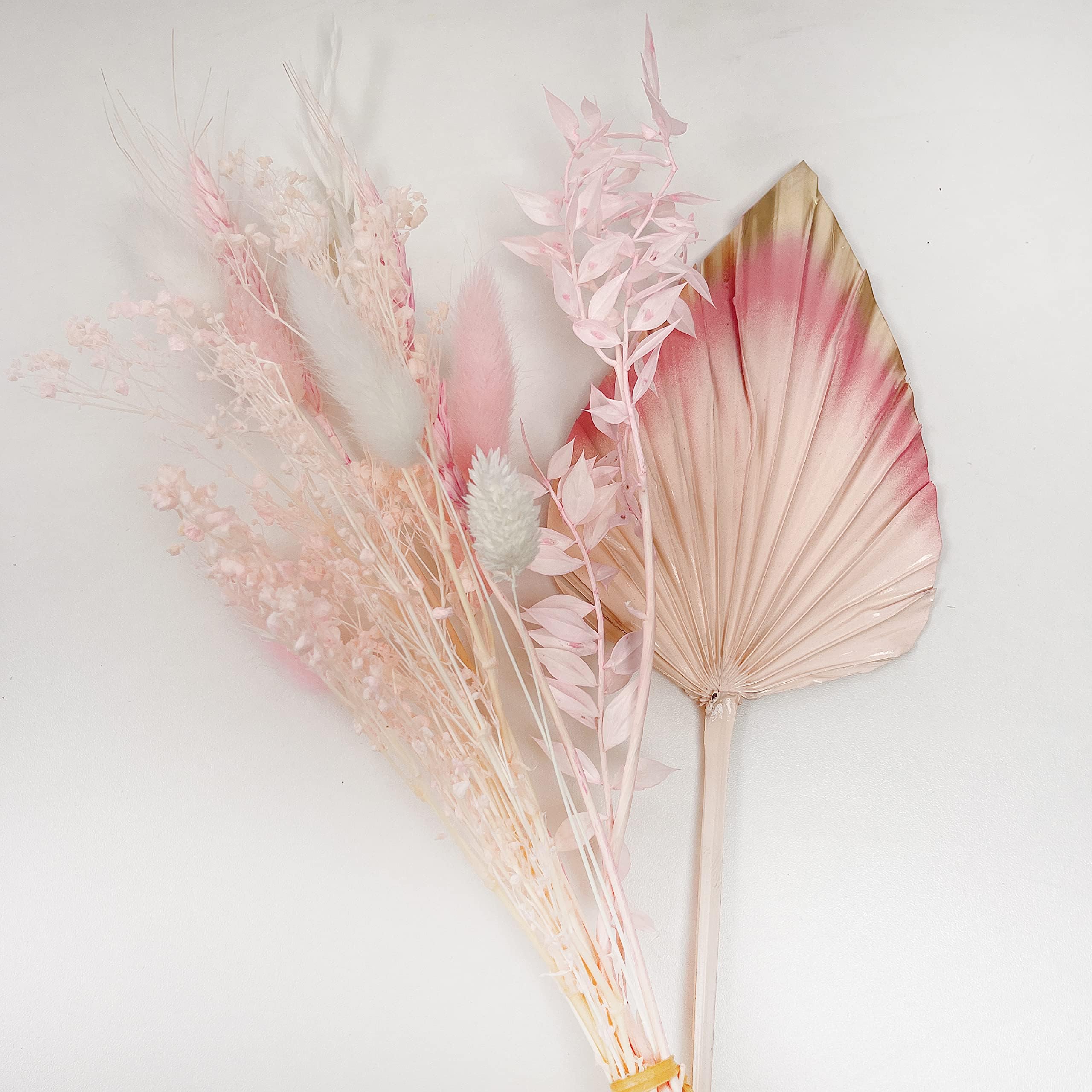 VELAFEEPink Dried Flowers Bouquet for Room Decor Cake Decor 12 Stems - 1 Dried Oats 2 Pink Wheat 2 White Gem Grass 2 Pink Gem Grass 2 Bunny Tails 1 Pink Ruscus 1 Pink Dream Star Flower 1 Pink Palm
