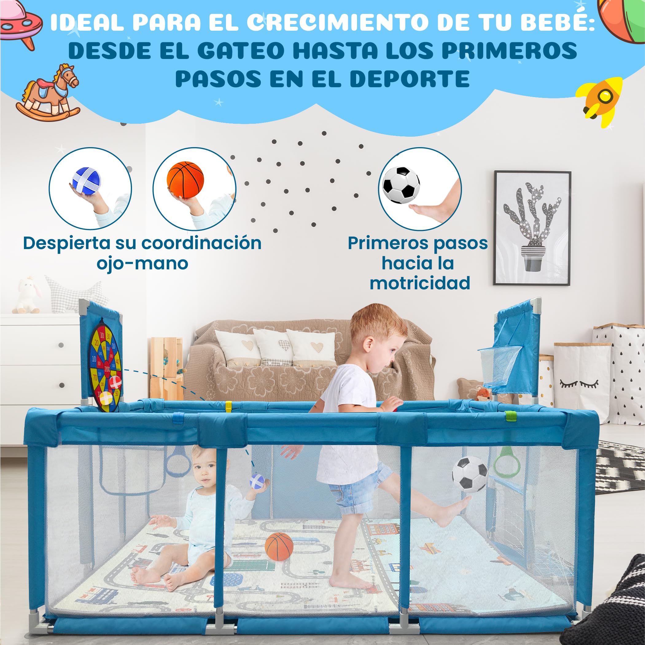 BabyJoy Parque Infantil Bebe 120x180cm - Corralito Bebe Acolchado y Equipado con Diana de Velcro, Canasta, Portería y más accesorios. Parque para Bebes Seguro, Amplio y Divertido