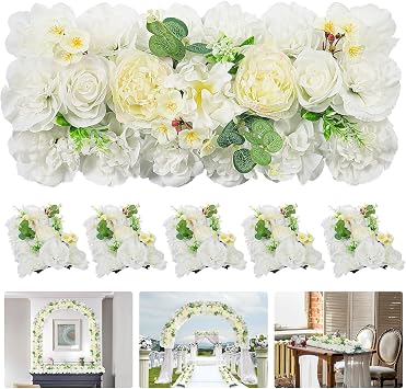 Artificial Flower Arch 6Pack White Faux Floral Swags Rose Silk Peony Realistic Arch Plastic Arrangement for Christmas, Romantic Wedding Wall, Reception Ceremony Welcome Sign Decoration
