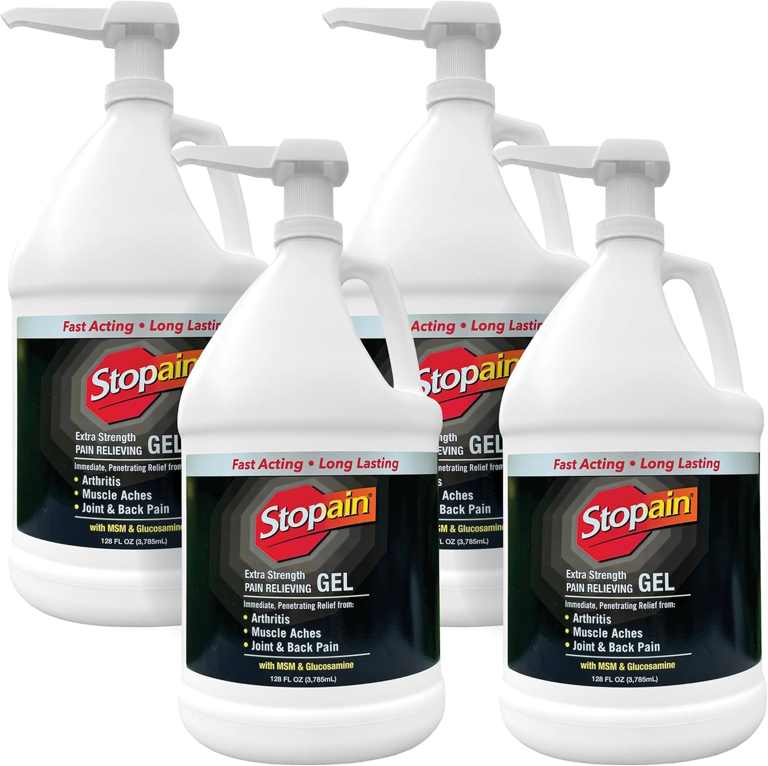Stopain Pain Relief Gel Gallon, USA Made, Max Strength Fast Acting with Menthol, Glucosamine, MSM for Back, Athritis, Knee, Joint, Neck, HSA FSA Approved OTC Topical Analgesic - Case of 4 Gallons (4)