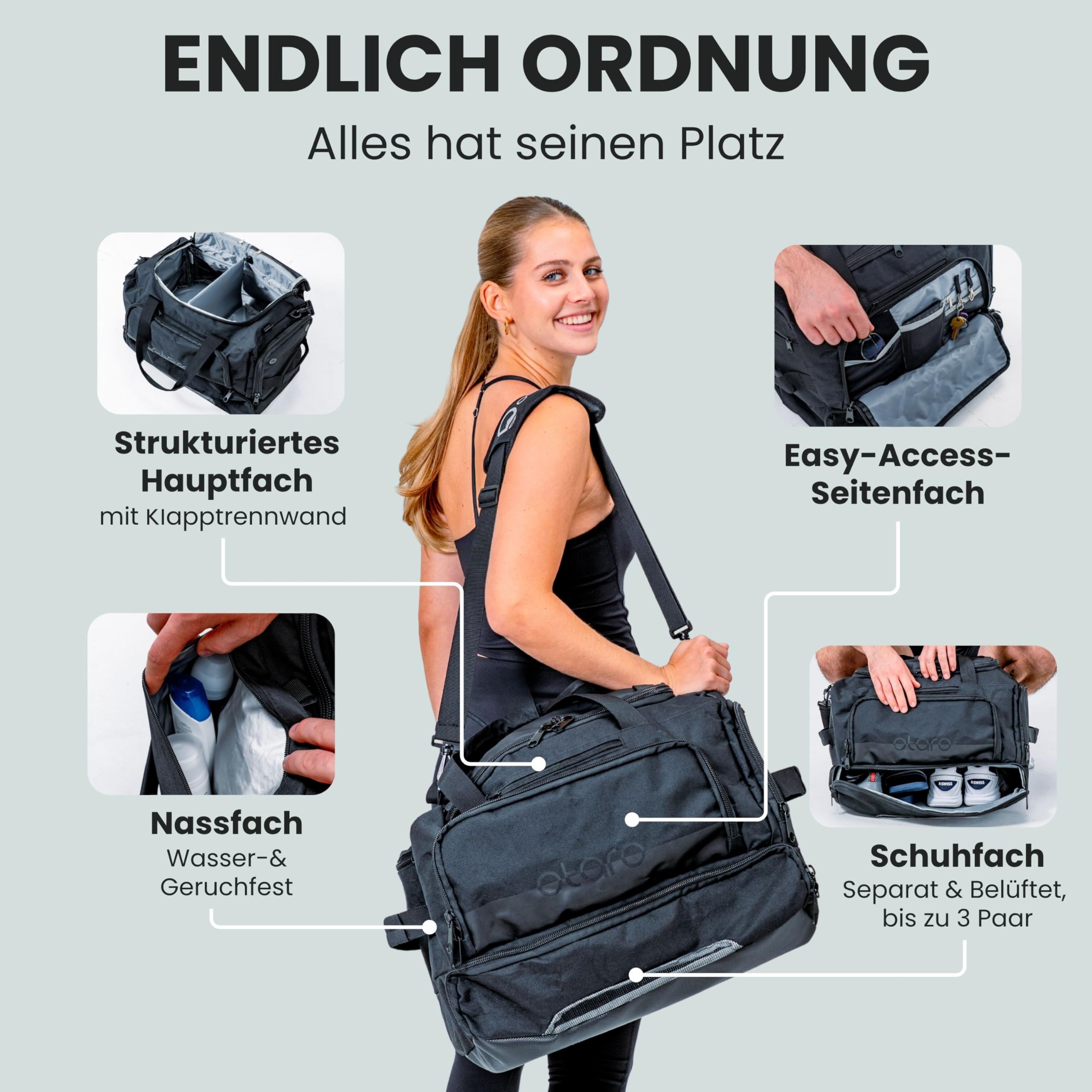 OTARO Sporttasche mit Schuhfach & Nassfach – 50L Reise- & Fitnesstasche mit Laptopfach, Rucksackgurten, vielen Fächern & wasserdichtem Fach – robuste Reisetasche für Damen & Herren (schwarz)