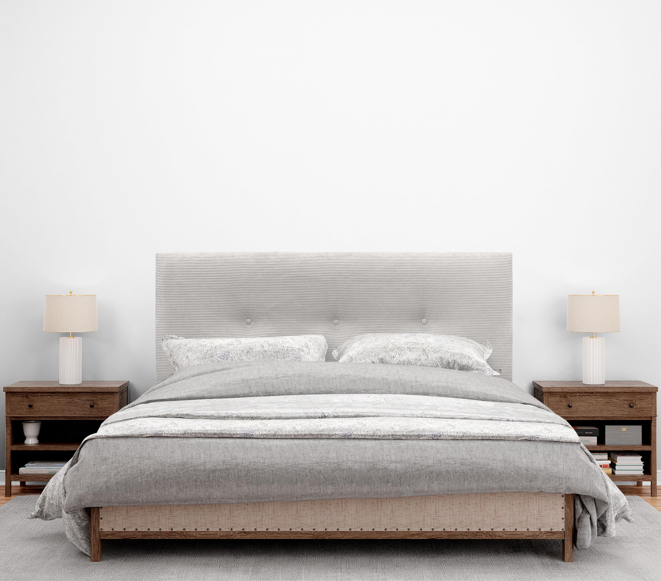 DHOME Tête de Lit en Velours cótele Unie avec Boutons et Pieds Haut de Gamme Moderne Tête de Lit Capitonnée Lit de Luxe Chambre Rembourrée (Blanc OS, 160cm)