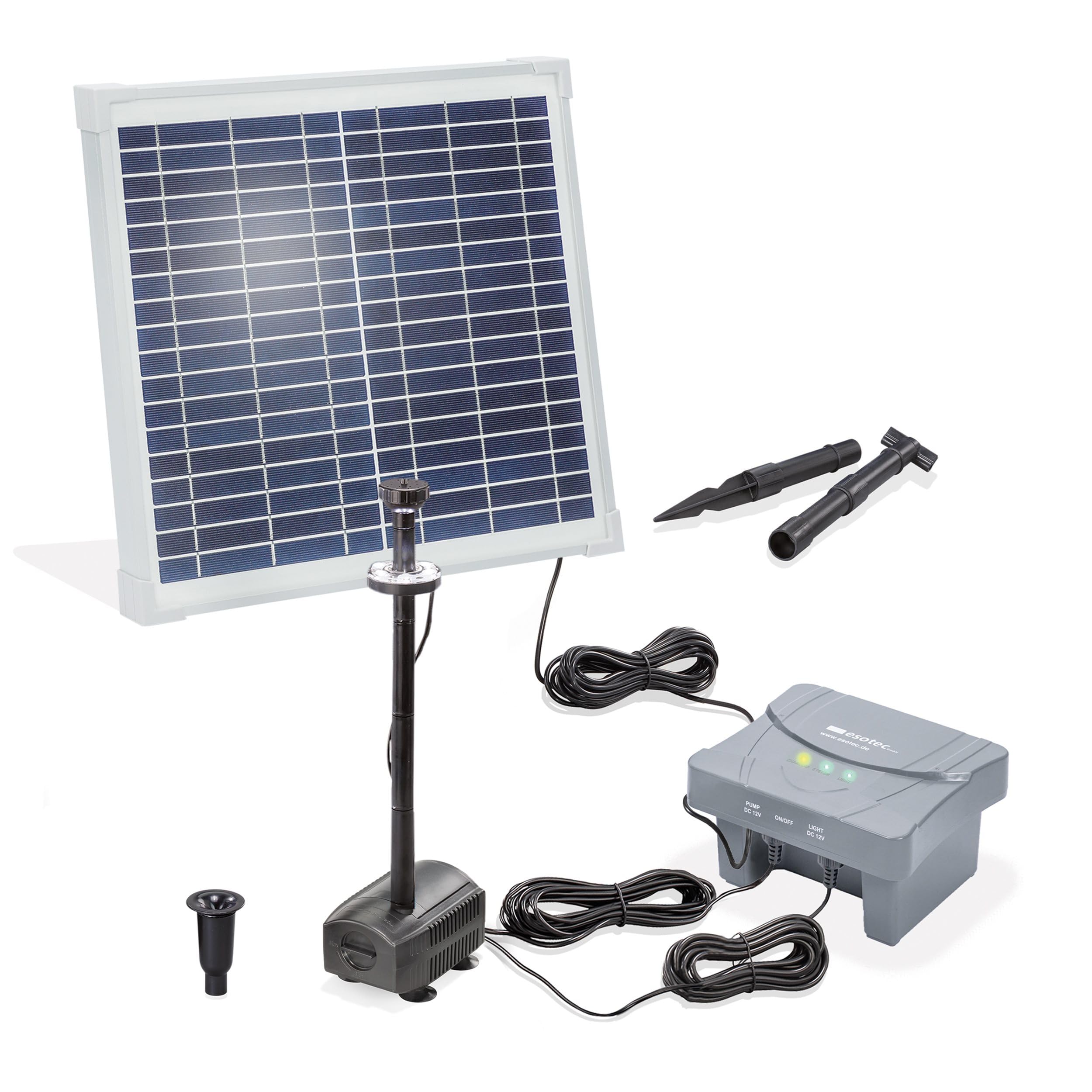 esotec Solar Teichpumpenset 15 550 LED, LiFePo4 Akku, Sprinklerpumpe 550/h, Erdspieß, Solarmodul 15W, Solarbrunnen Gartenteich, Wasserspiel, Komplettset, außen 101937