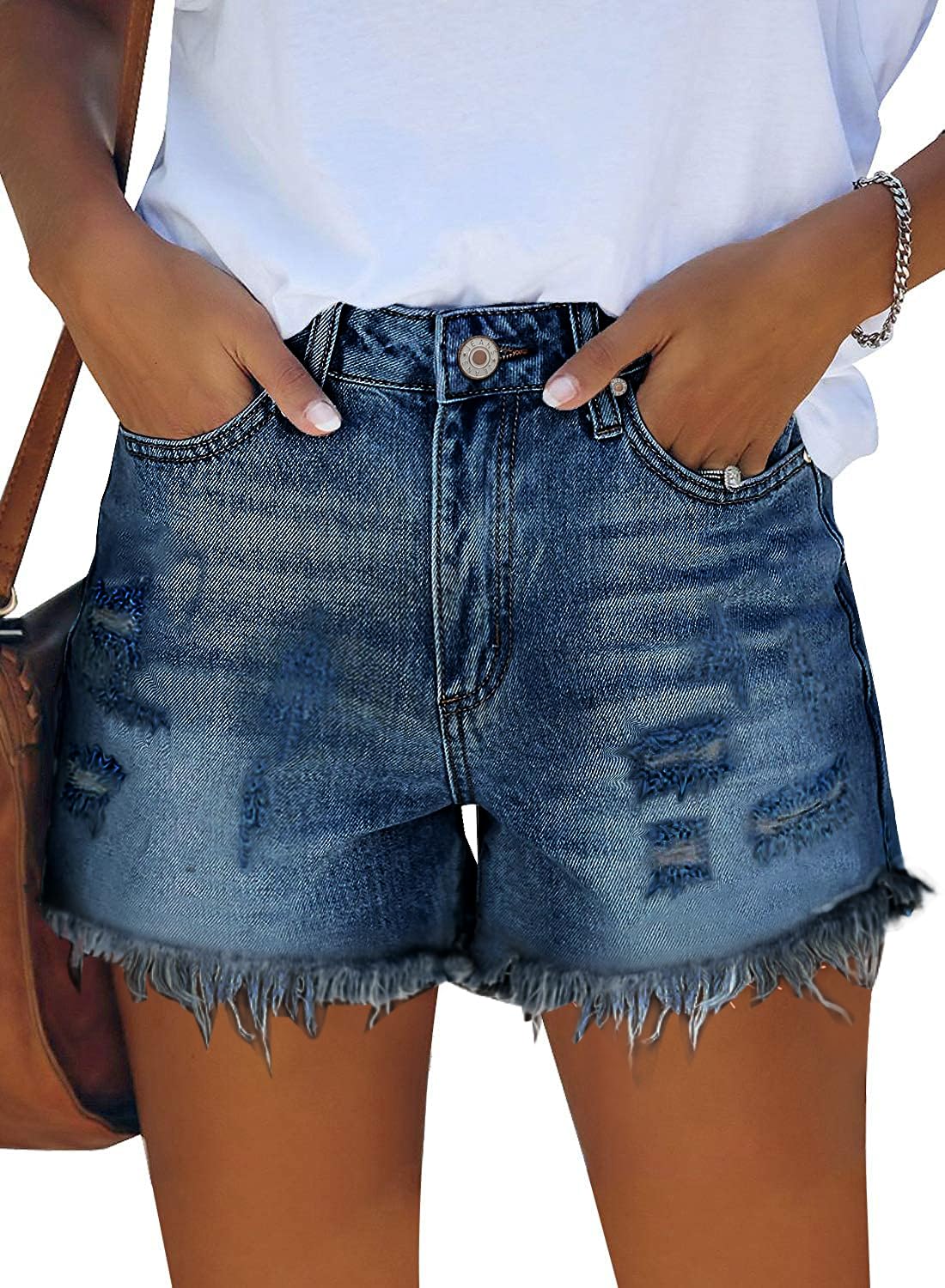 CHICZONE Womens Mid-High Waisted Ripped Denim Jean Shorts Cutoff Stretchy Summer Hot Short Pants