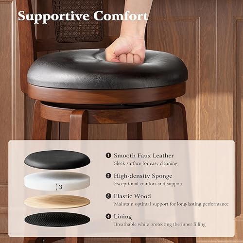 Miniatura 7 de ALPHA HOME Juego de 2 taburetes de bar giratorios, taburetes de cocina con respaldo, taburetes de bar de madera de 30 pulgadas, silla giratoria de