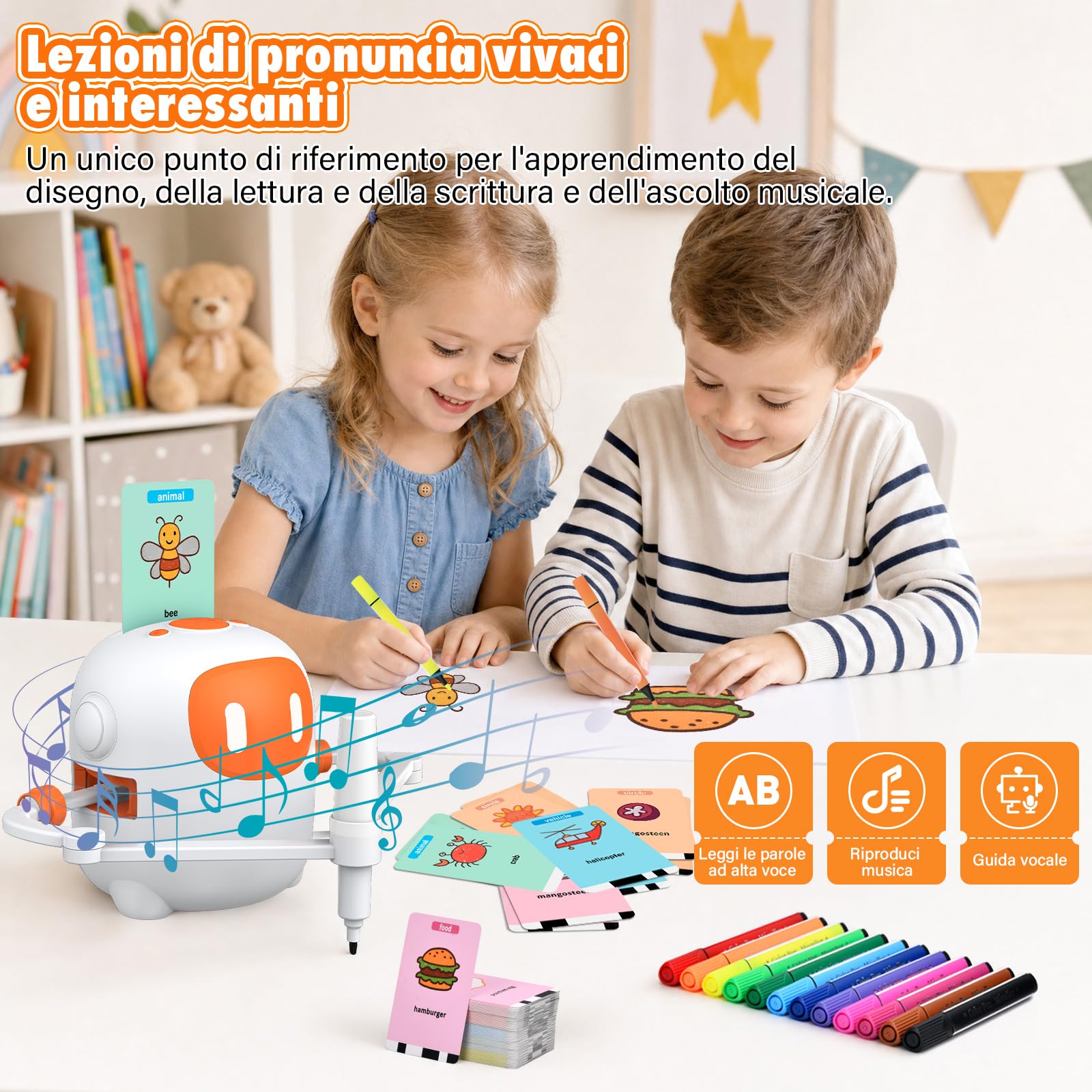 Robot da Disegno per Bambini con 100 Schede e 12 Pennarelli, Giocattolo Robot con Interazione Vocale, Migliora Concentrazione e Pazienza, Bambini Sopra i 3 Anni, Bianco
