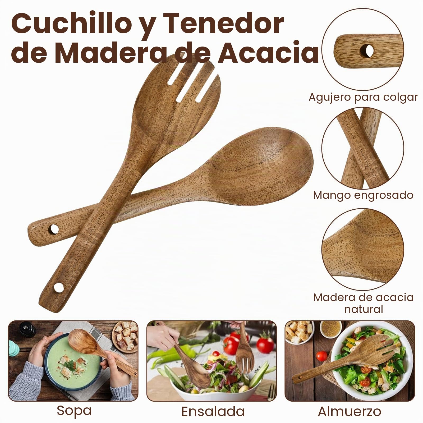 Bol Cocina Cristal 23cm 3700ml Bol Ensalada Grande Bol de Mezcla Ensaladera Cristal con base de Madera Apto para Lavavajillas Microondas para Preparar, Servir y Mezclar + 1x Cuchala 1x Tenedor | Cuenco grande de cristal, ensaladera de cristal extragrande