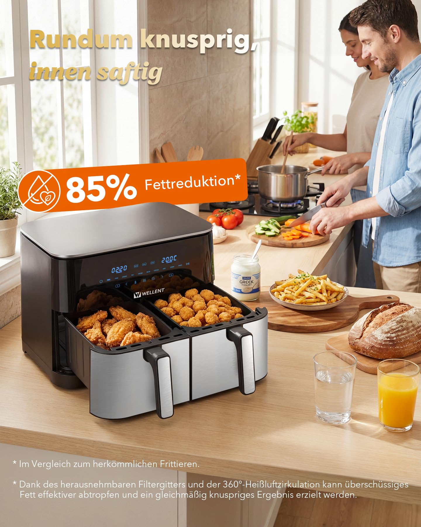 11L XXL Airfryer 2 Kammern(4+7L) - WELLENT 2600W 10-in-1 Heißluftfritteuse Doppelkammer mit Match&Sync-Funktion - Dual Zone Heissluftfritteuse mit Touchscreen,Schüttelerinnerung,Spülmaschinenfest