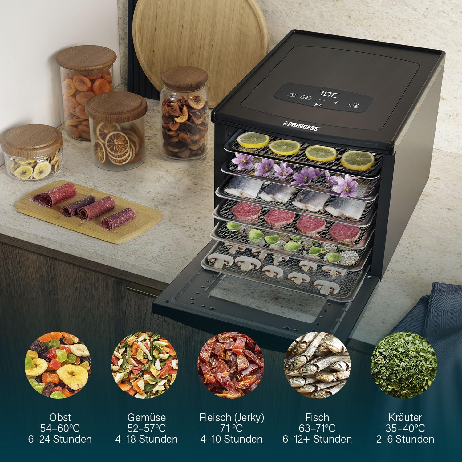 Princess Food Dehydrator mit 6 Edelstahl-Einschüben, Einstellbare Temperatur, Touchscreen, Timer bis 48 Stunden, 550 W, 01.112398.01.001