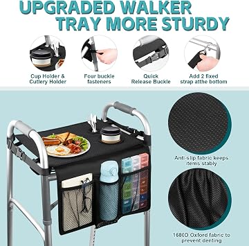 Walker Tray for Folding Walker - Trays for Walkers for Seniors with Cup Holders & Non-Slip & Multiple Front Pockets, Walker Accessories Walker Basket and Bag for Elderly Fits Most Standard Walker