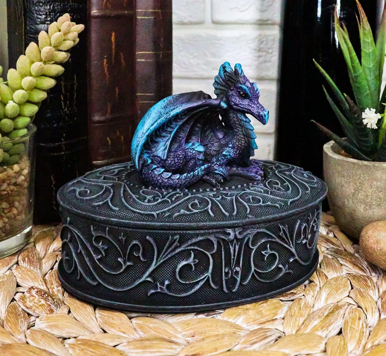 Ebros Medieval Fantasy Hatchling Twilight Blue Dragon In Repose Decorative Oval Trinket Box Figurine With Vines Scrollwork Dungeons And Dragons Jewelry Stash Statue
