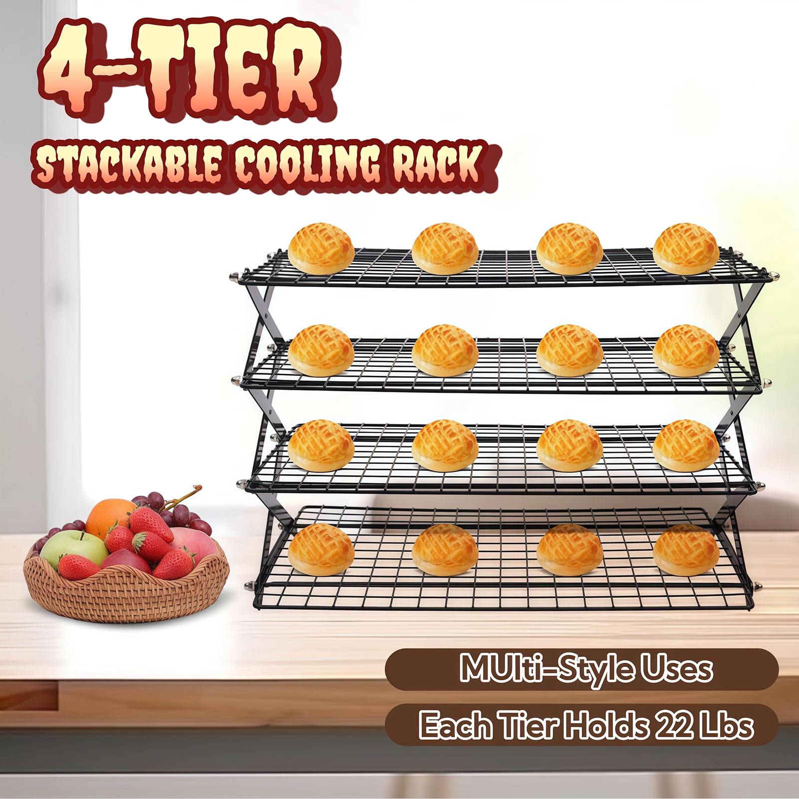 Grille de refroidissement pliable avec design empilable réglable pour la cuisson, le rôti, le séchage et l'utilisation en extérieur