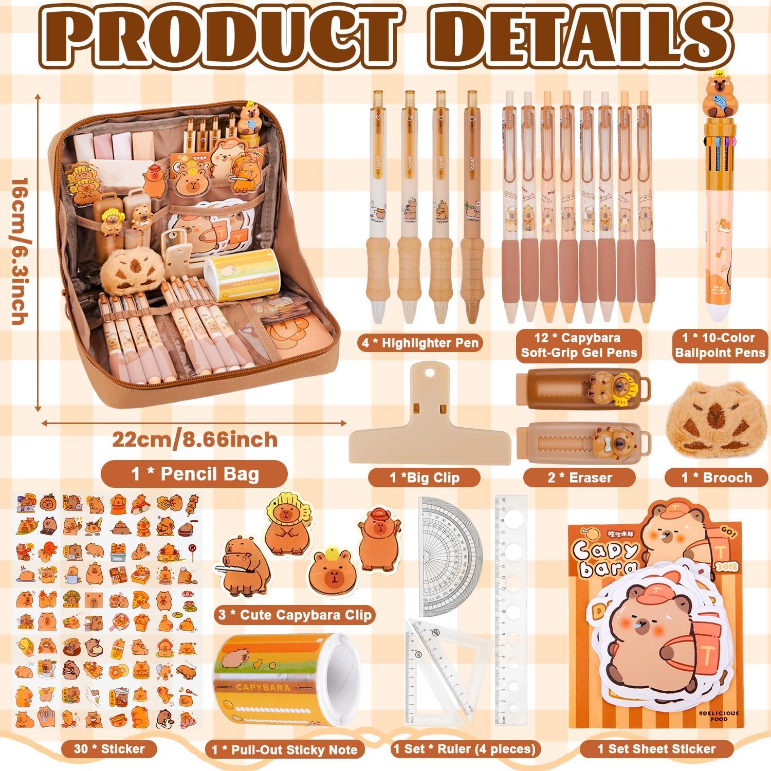 CelestiMingle Capybara Stationery Set, Cute Capybara Pencil Case with Pens, Eraser, Stickers, Keyring & Ruler, Large Capacity Multi-Layer Pencil Case for Kids Boys Girls Students School Gifts (A) - Image 4