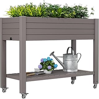 Raised Garden Bed with Wheels, Divisible Resin Planter Box with Drainage...