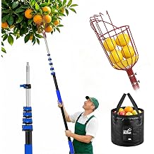 AgiiMan 28 Reach Fruit Picker with Telescopic Extension Pole and 20L Bucket, 5 to 20 FT Fruit Picker Pole Lightweight and Sturdy Aluminum Telescopic Pole, Easy to Assemble Fruit Picking Basket