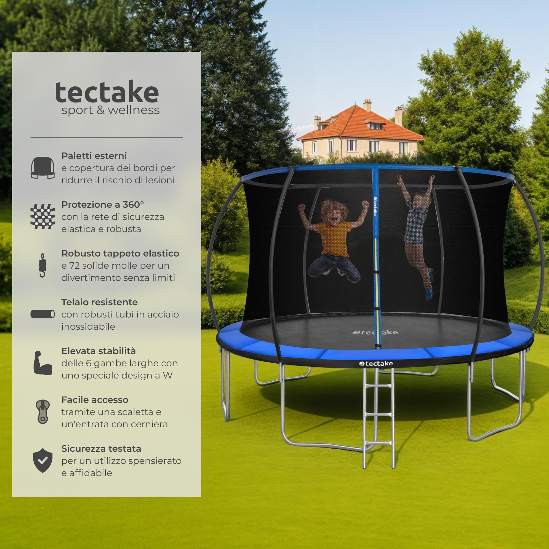tectake® Trampolino Elastico per Bambini e Adulti Ø 244/305/366 cm, Certificato GS, Tappeto Sport Resistente agli Strappi, Rete di Sicurezza Bambini, Scaletta, Struttura in Acciaio, Bordo Imbottito