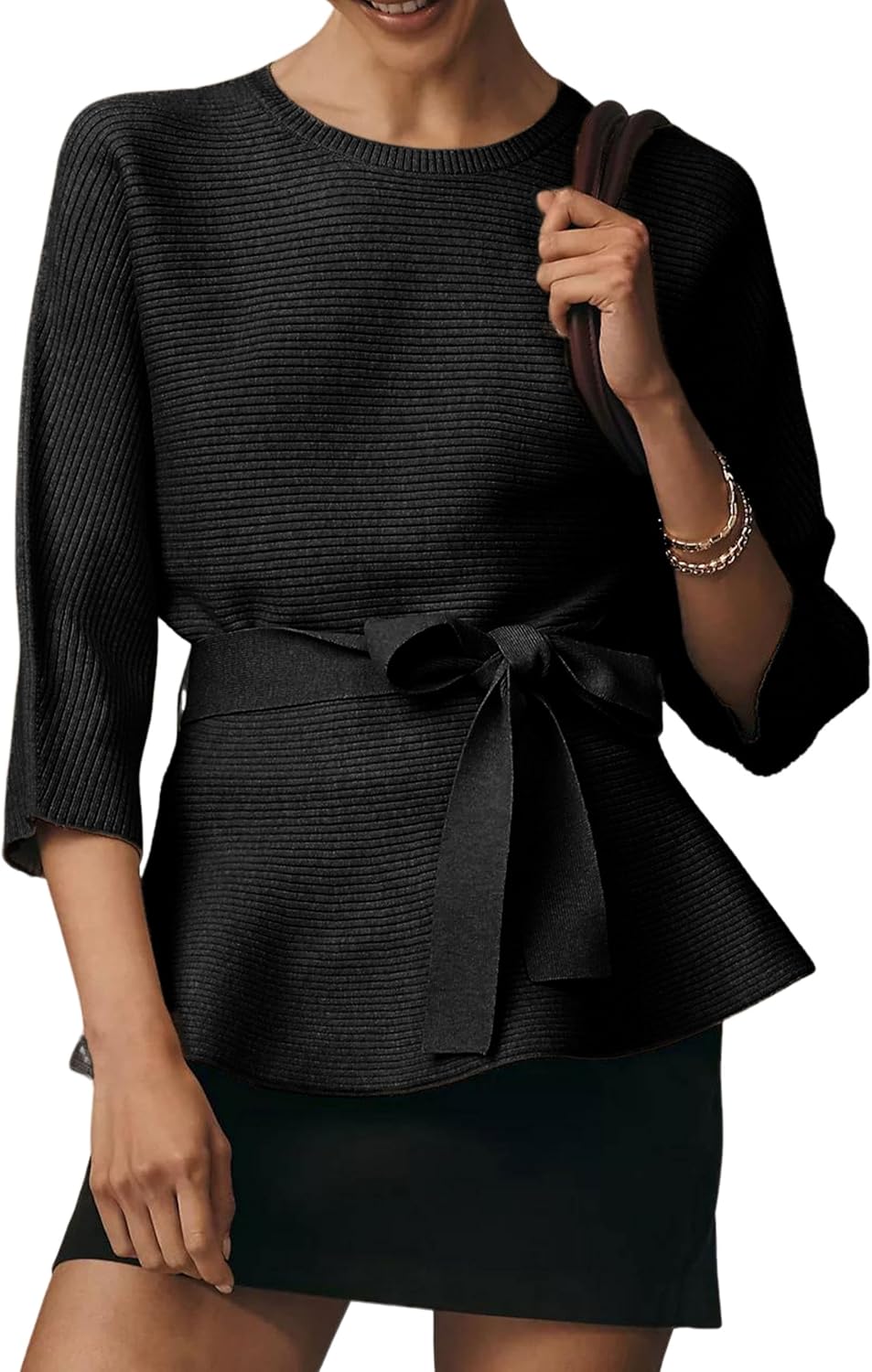 Yeokou Womens Ribbed Belted Sweater 3/4 Sleeve Crew Neck Pullover Tunic Top Winter Spring Casual Loose Fit Knitwear