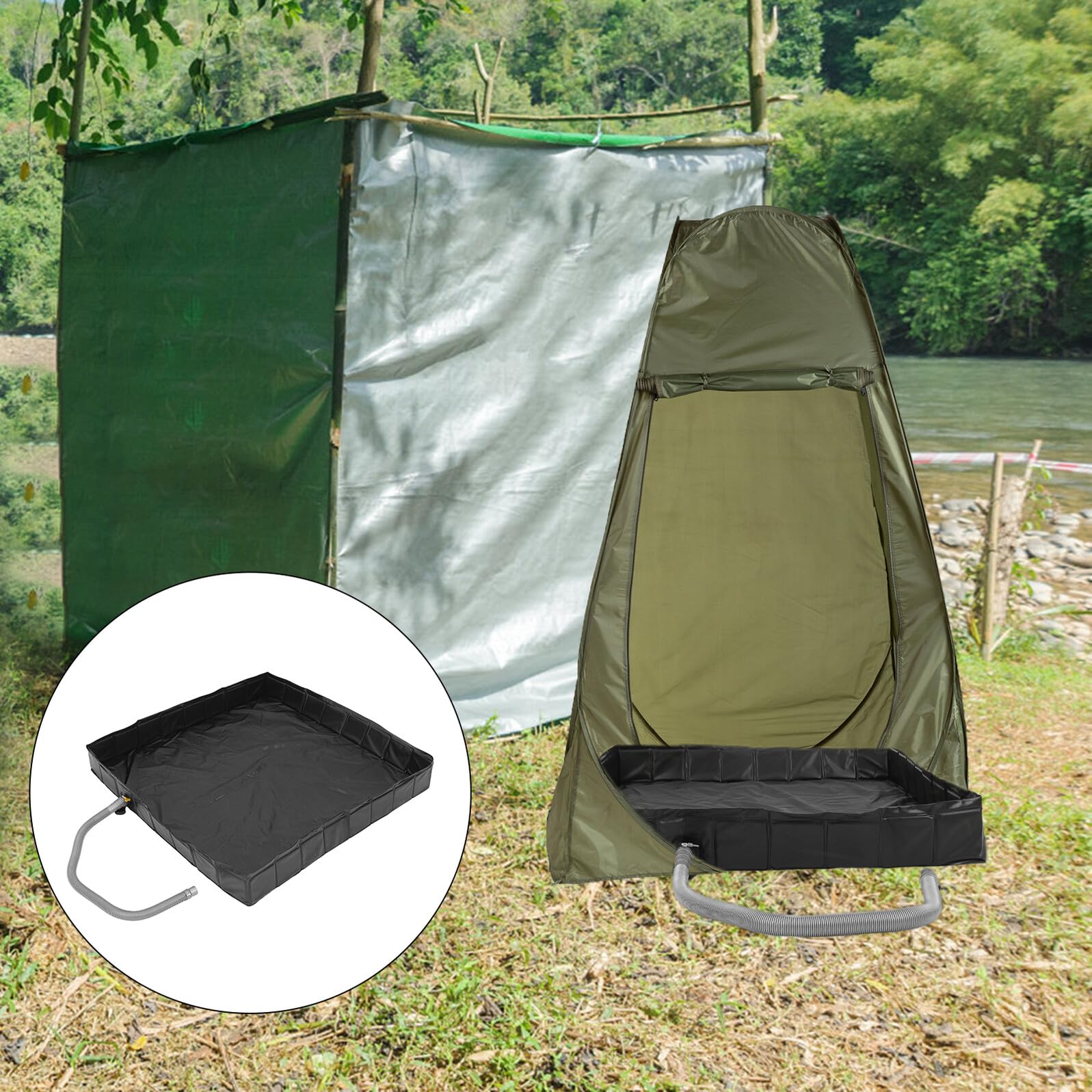 Operitacx Base de Ducha Provisional Plegable Cuadrada con Desagüe | Pvc y Pp, Negro, para Pies, Uso en Hiking y Bases Temporales, Incluye Tubo Extraíble