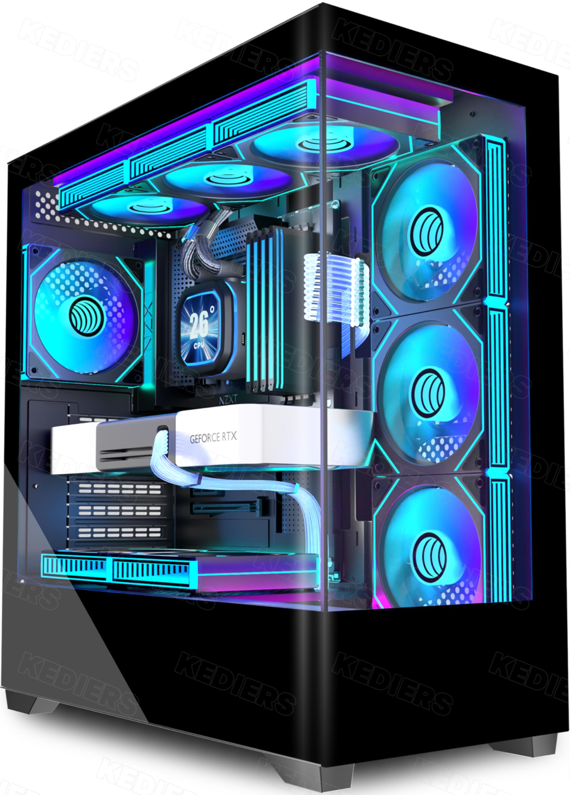 KEDIERS PC Gehäuse Vorinstallierter 7 × 120MM PWM ARGB Lüfter, ATX Mid Tower PC Gehäuse, Computergehäuse mit Panoramaaussicht Gehärtetes Glas Front Panel,Schwarz，P4 ARGB