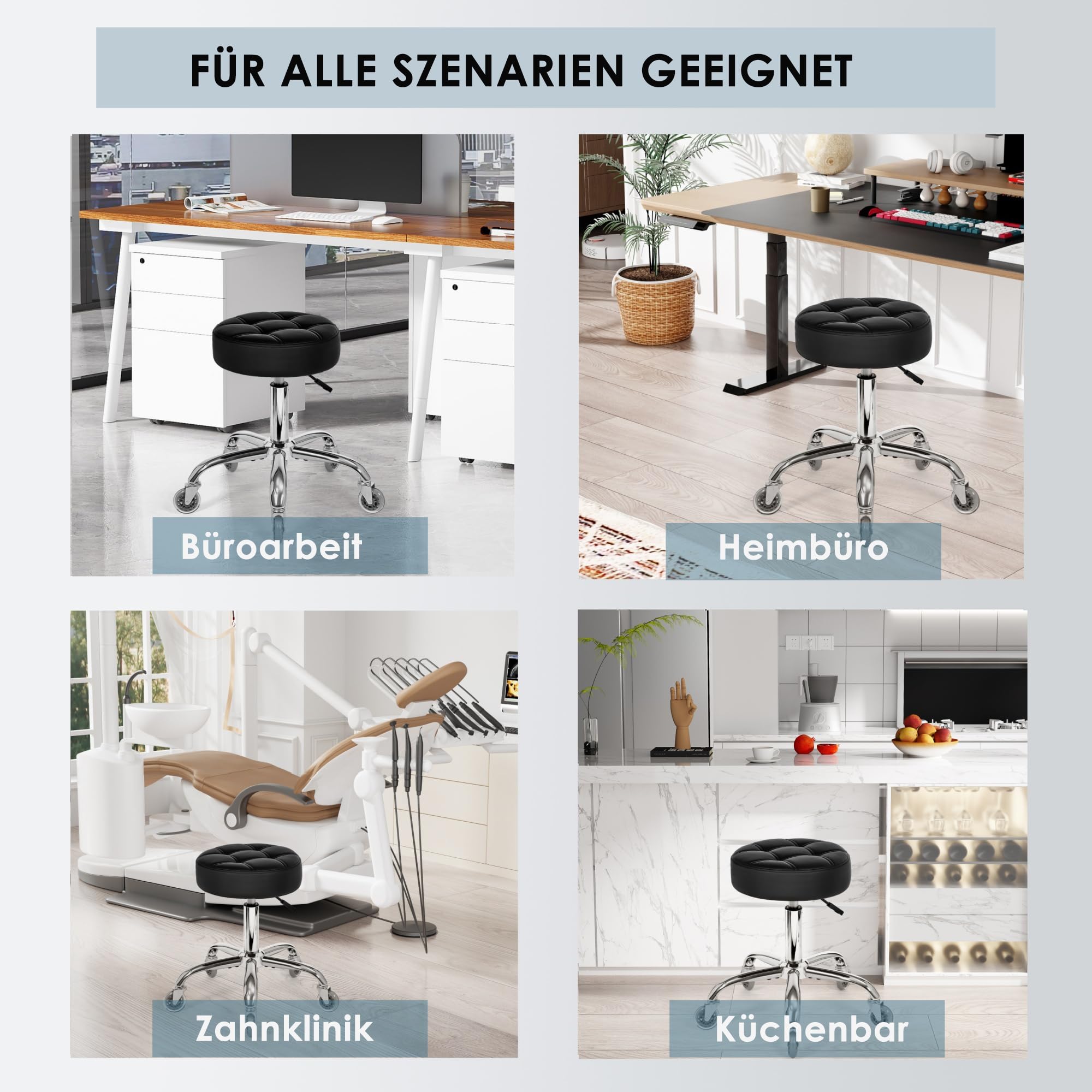 BEWISHOME Rollhocker mit Rollen,Verstellbarer Hocker für hohe Belastungen bis 200 kg,360° Drehhocker Hocker für Salon,Spa PU-Sitzpolsterung (schwarz) EBYD01B