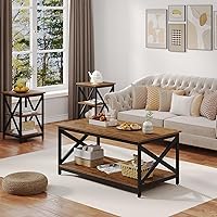 Vista 6 de Bigbiglife Juego de 3 mesas de centro para sala de estar, mesa auxiliar industrial de diseño X y 2 mesas auxiliares, juego de mesa de sala de estar