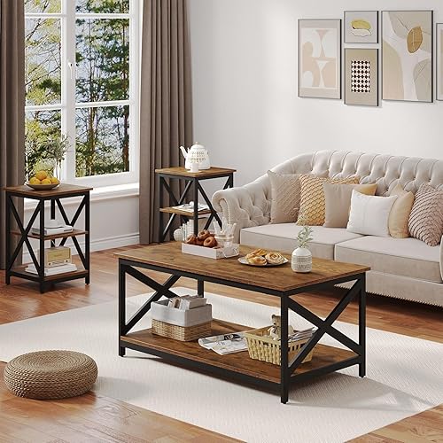 Miniatura 33 de Bigbiglife Juego de 3 mesas de centro para sala de estar, mesa auxiliar industrial de diseño X y 2 mesas auxiliares, juego de mesa de sala de estar