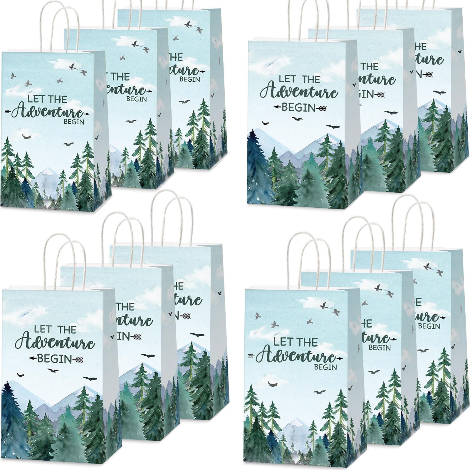 12pcs Adventure Awaits Baby Shower Goodie Bags for Party Favor Let The Adventure Begin Treat Bag Travel Themed Candy Bag Mountain Forest Woodland Gift Bags Birthday Party Supply Decoration 5.9*3.2*8.3