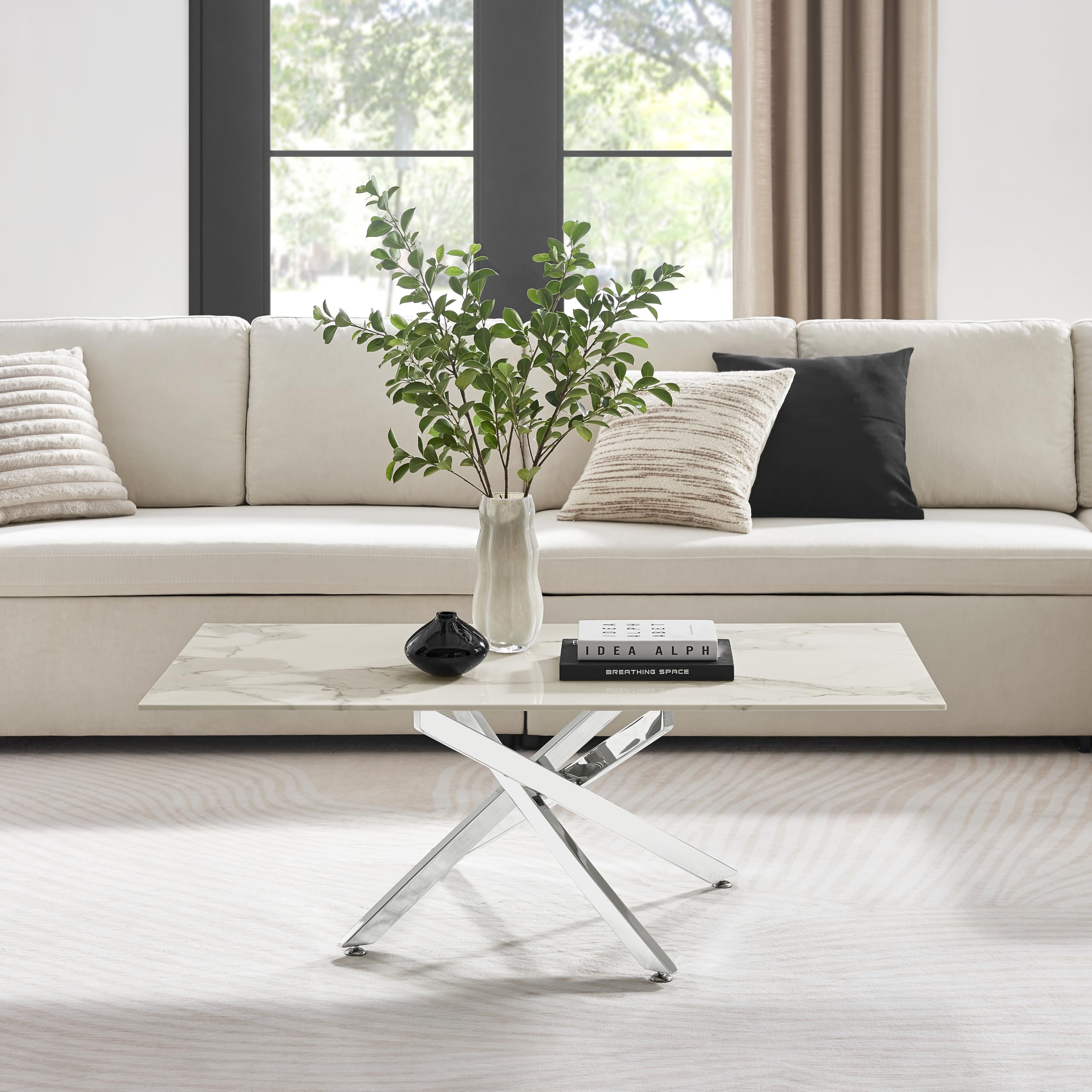 Furniturebox UK Leonardo Glass White Marble Effect Coffee Table - Shiny Silver Chrome Legs In Stylish Nested Starburst Design - Modern Living Room Furniture for Contemporary Homes