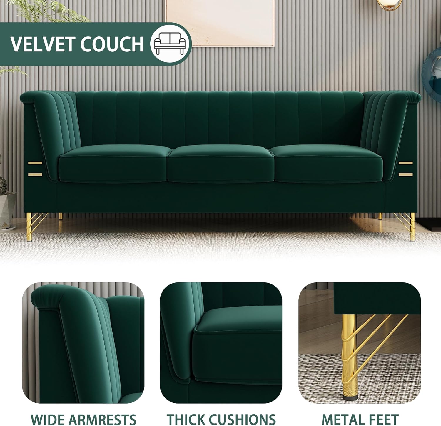 84 in 3-Seat Couch Velvet Couches, Mid Century Modern Sofa Love Seats with Solid Wood Frame Gold Sofas Legs, Velvet Sofa Comfy Couch for Large Living Room Space（81-Green）