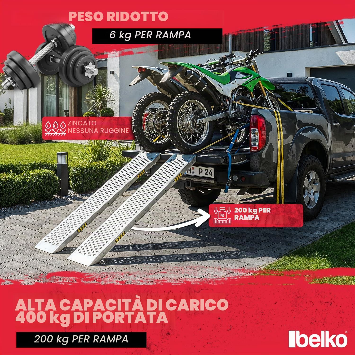 Belko 2 rampe di carico 400 kg, portata 160 x 23 cm, non pieghevoli, in acciaio zincato, antiscivolo, perforate, per auto, moto, quad, ATV, rimorchio, rampa di carico
