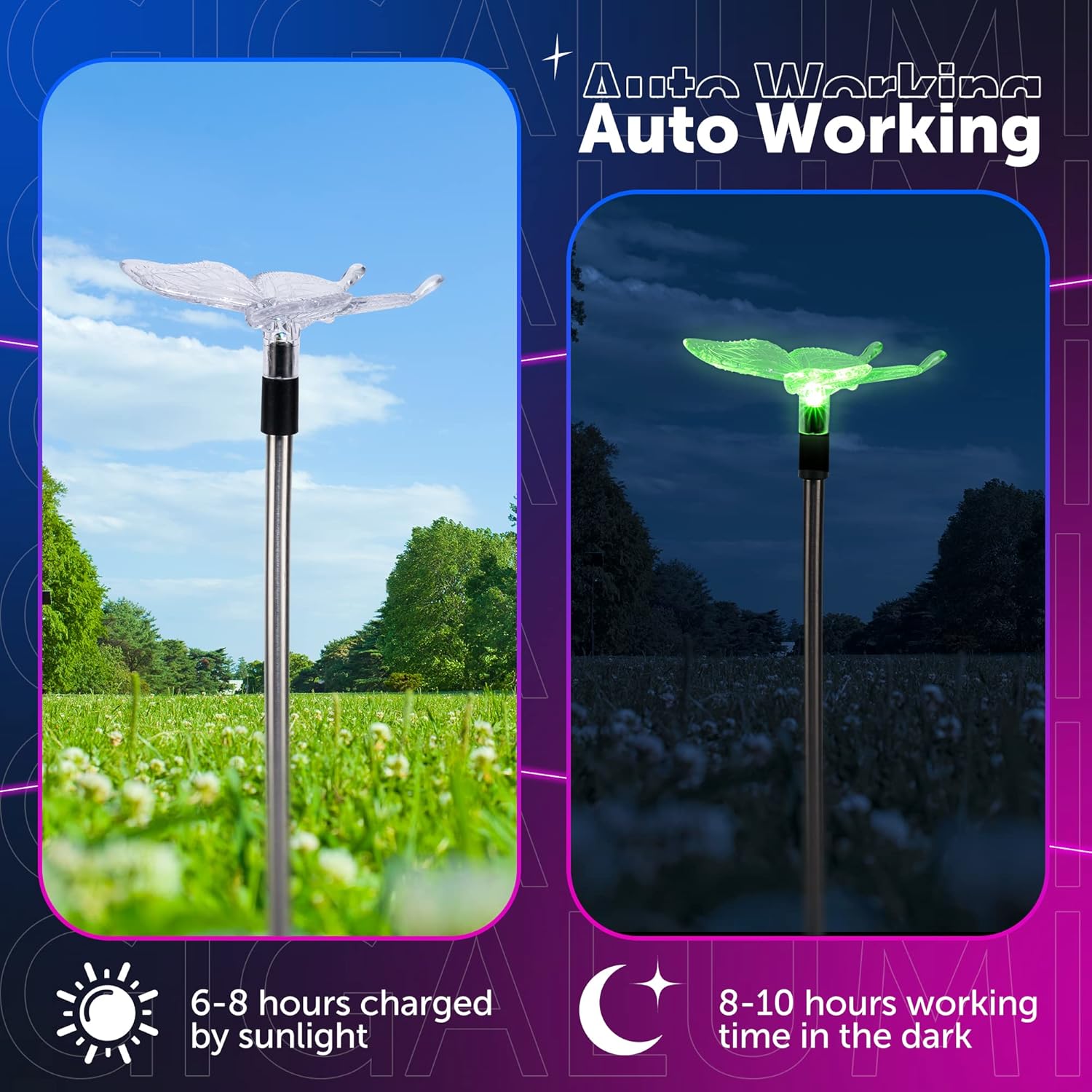 GIGALUMI Solar Garden Lights, 6 Pack Solar Butterfly Lights Decoration, Outdoor Garden Decoration Color Changing LED, Outdoor Decorative for Pathway, Lawn, Patio, Driveway - Image 6