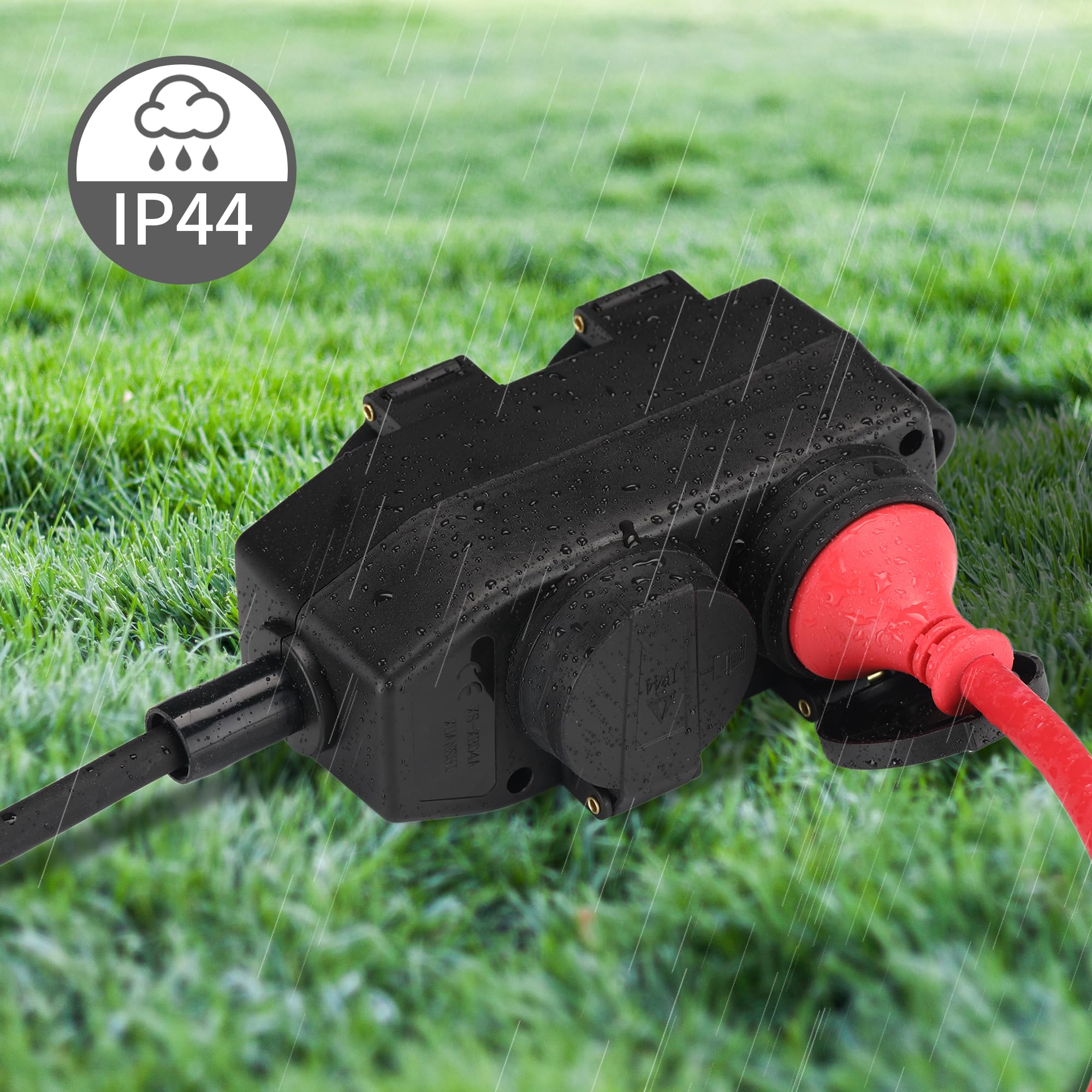 XUANSHI Bloque de 4 enchufes – IP44 para exteriores, con cable alargador de goma, enchufe exterior, distribuidor de enchufes para ambientes húmedos, distribuidor de corriente para jardín (10 m, negro)