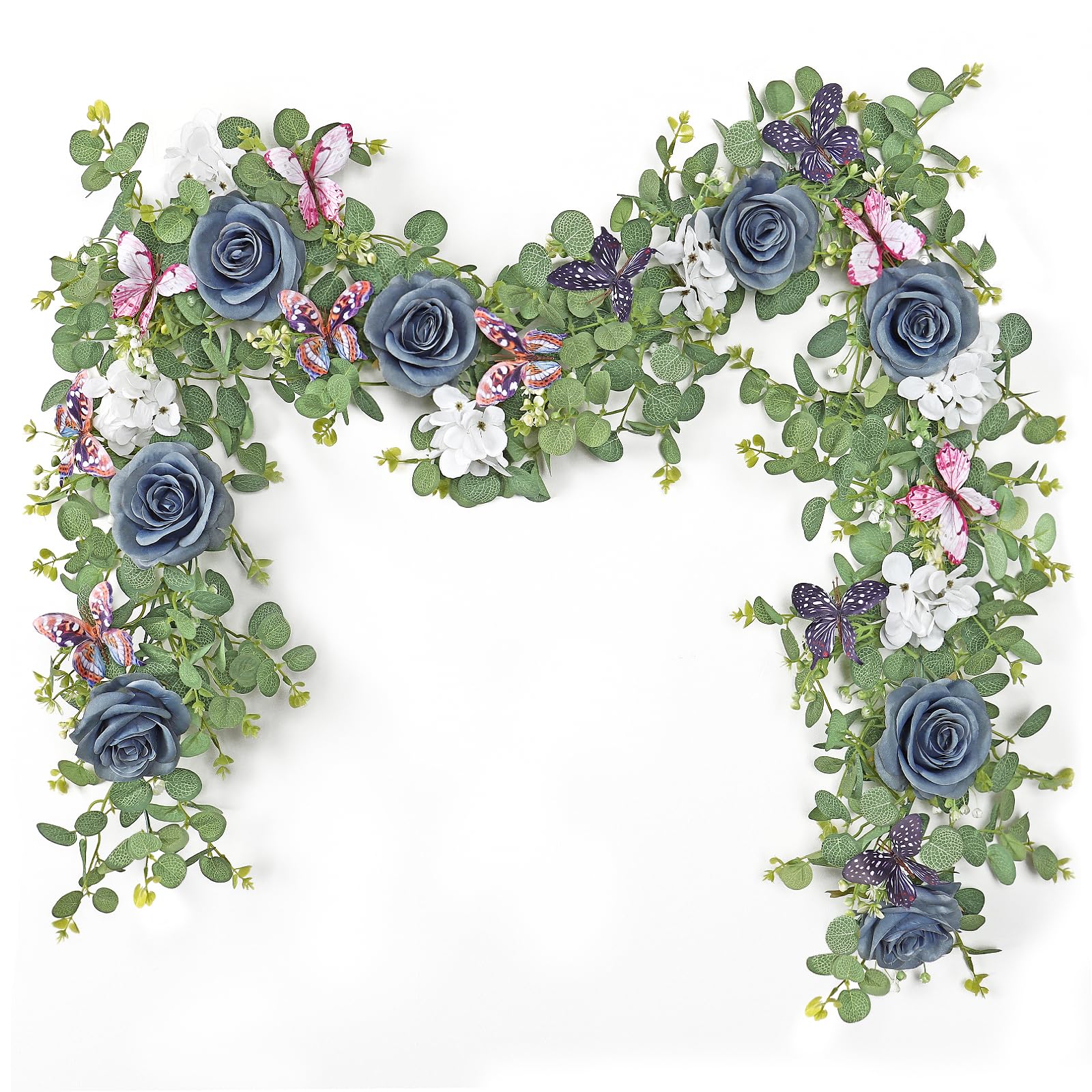 2 Stück 1,8m Künstliche Blumengirlande Deko Eukalyptus Girlande mit 3D Schmetterlinge Vintage Gefälschte Blumen Girlande Rosenrebe Grün Dekorative Hängend Pflanze Girlande Frühling für Hochzeitsdeko