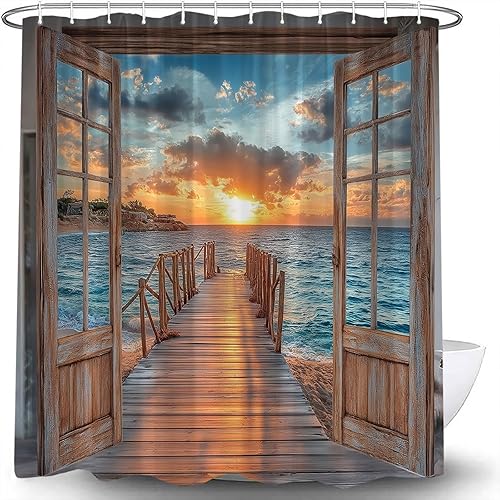Cortina de ducha con diseño de puesta de sol y playa, estilo rústico, color marrón, madera, ventana, tropical, isla hawaiana, puesta de sol,