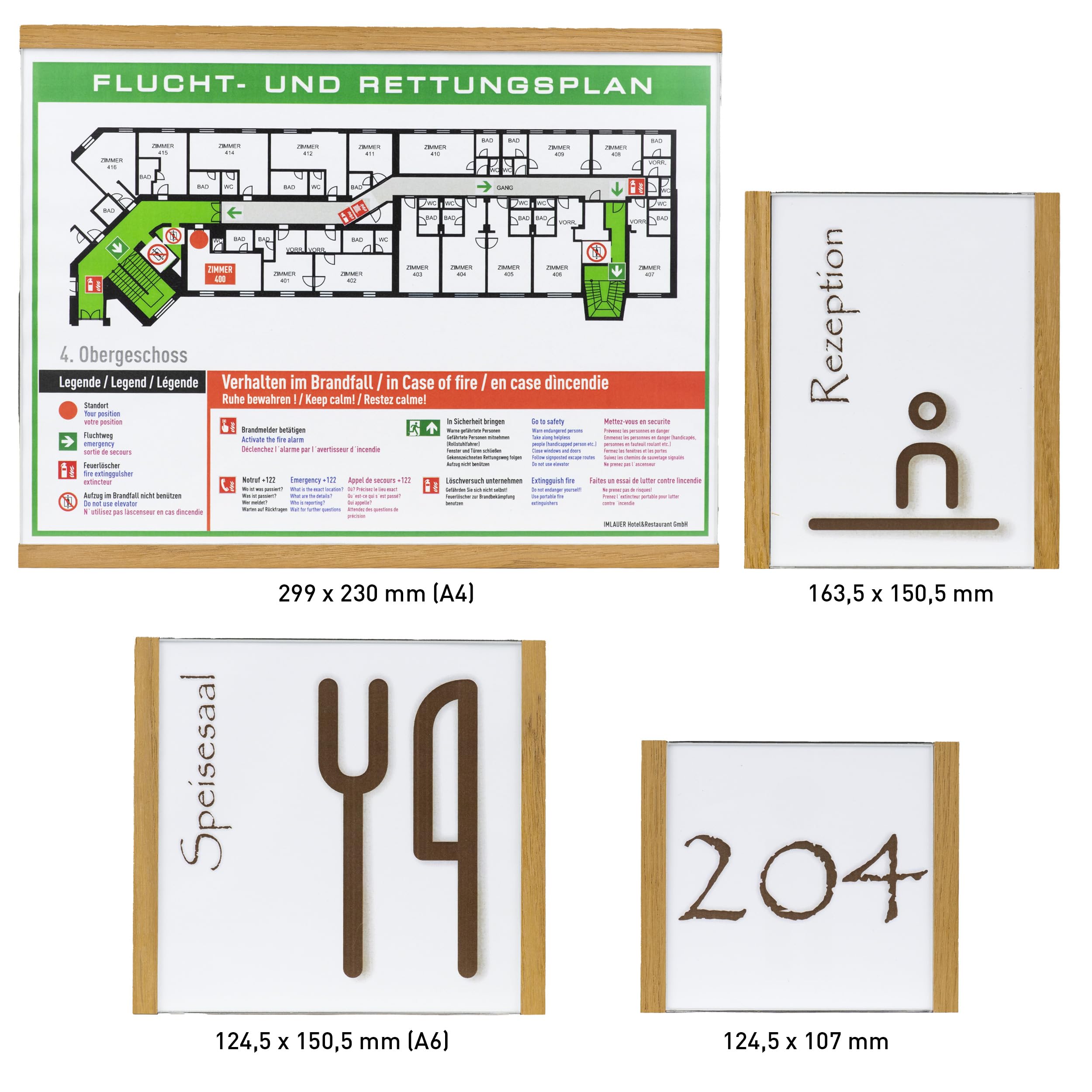 NIRO.clic-eiche Türschild 5er-Set – Edles Edelstahlschild mit Eichenholz-Abschlüssen – Büroschild mit entspiegelter Acrylabdeckung – Made in Austria (5 Stück, 124,5 x 150,5 (A6))