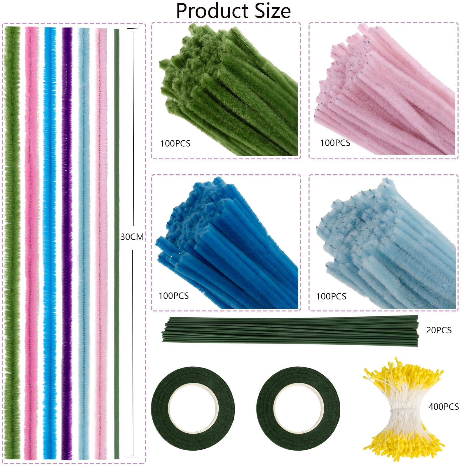 Kit 400 Fils Chenille + Accessoires - Cure Pipe 30 Cm, Création Bouquets DIY, Cadeaux Faits Main