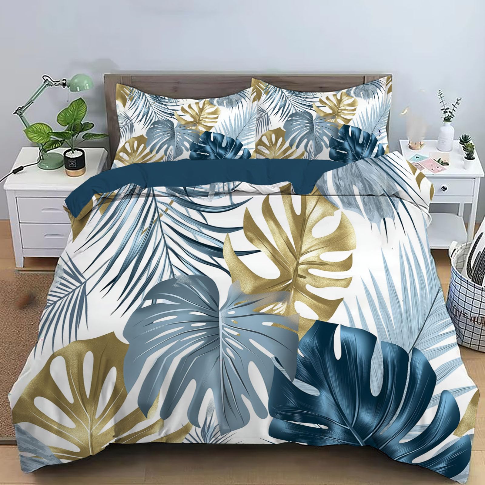 Housse de couette 220x240 cm Monstera bleu et blanc réversible avec taies d'oreiller