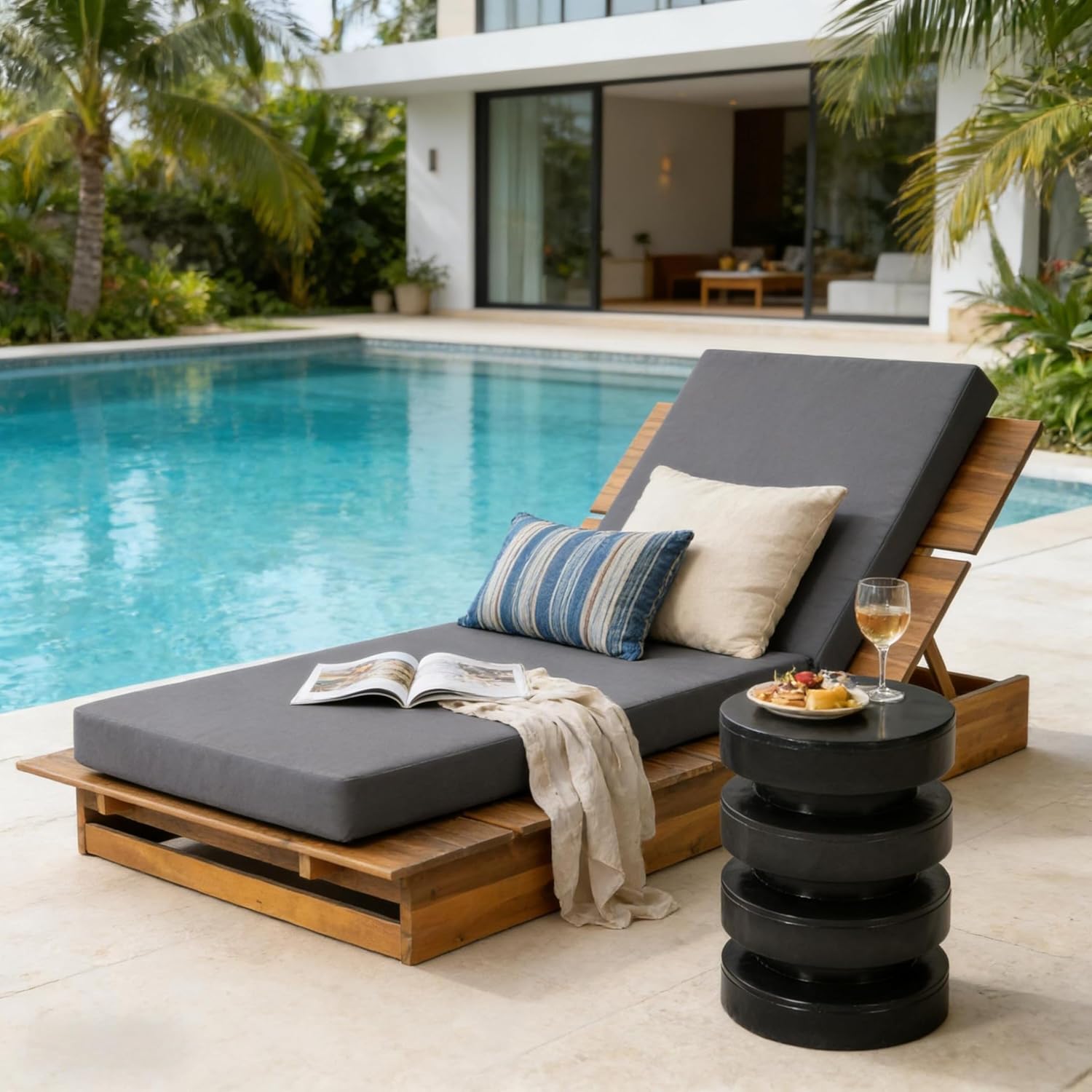Christopher Knight Home Bard Patio Chaise Lounge Chair Outdoor, Acacia Wood Poolside Sun Lounger with 4-Thick Cushion, 3-Position Adjustable Backrest Pool Lounger, 400 lbs Capacity, Teak+Dark Grey