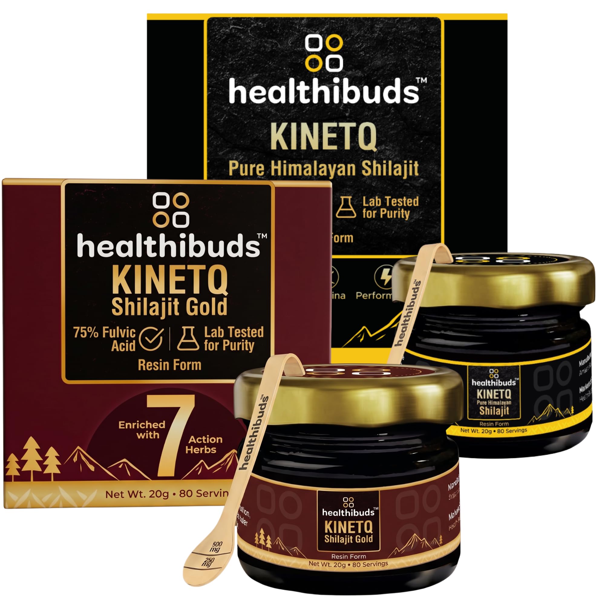 Healthibuds™ KINETQ™ Shilajit Resin Combo 40g (Gold + Plain) | 75% Fulvic Acid | 500mg/Serving | With 7 Ayurvedic Herbs & 24K Gold | Pure Himalayan Shilajeet Resin