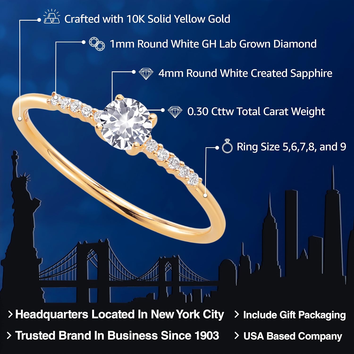 Gem Stone King 10K Yellow Gold White Created Sapphire and Lab Grown Diamond Engagement Ring For Women | 0.30 Cttw | Round 4MM | Gemstone September Birthstone | Available in Size 5, 6, 7, 8, 9