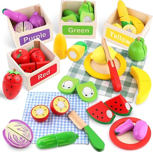 MerryPony Juego de comida de madera para niños, accesorios de cocina, 34 piezas de juguetes de corte de frutas y verduras con 4 cajas de