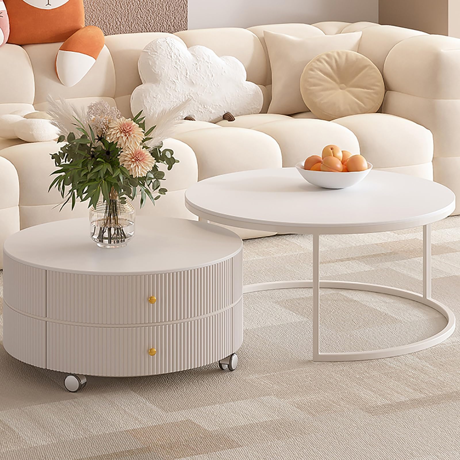 SXZenSpace Round Coffee Tables, Set of 2 Nesting Side Tables with Double Drawer, White Center Table for Living Room Bedroom Office
