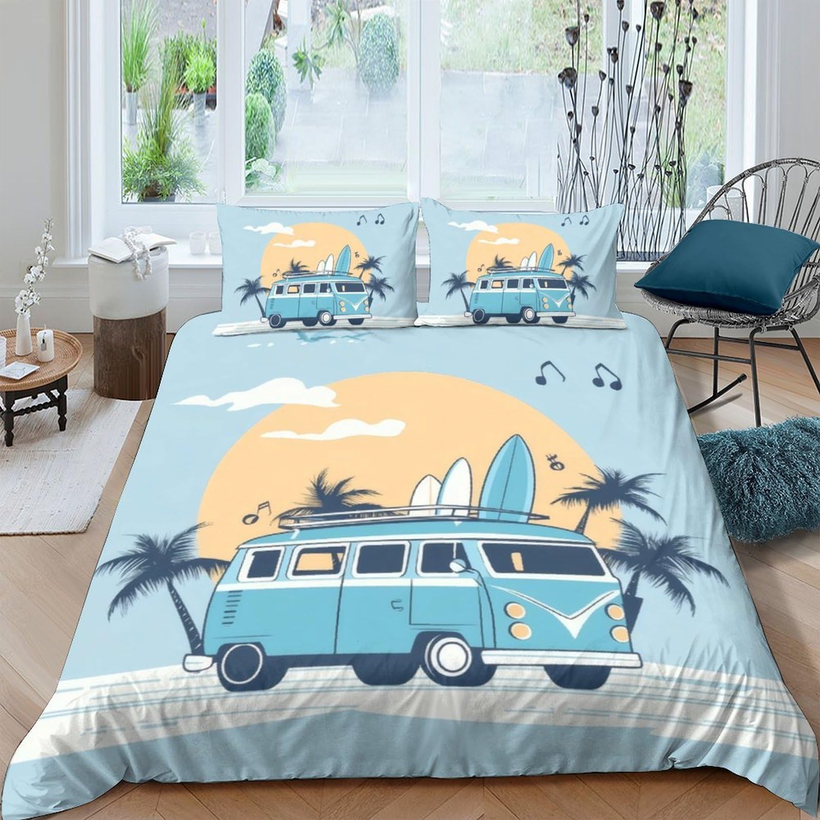 TUFRTGYHN 3D Printed Surf Van Beach Sunset Duvet Cover Microfiber Soft Breathable Palm Bedding Set with 2 Pillowcases for Bedroom Decor Single（135x200cm）